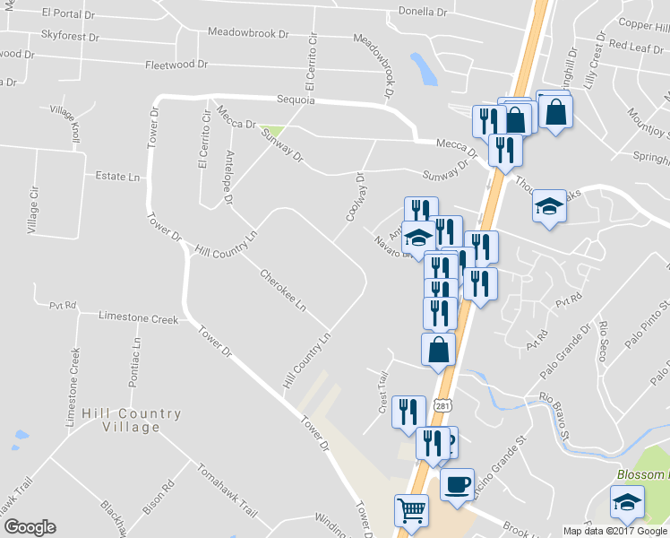map of restaurants, bars, coffee shops, grocery stores, and more near 214 Hill Country Lane in San Antonio