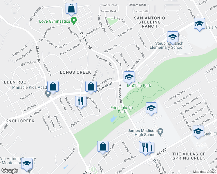 map of restaurants, bars, coffee shops, grocery stores, and more near 4933 Corian Well Drive in San Antonio