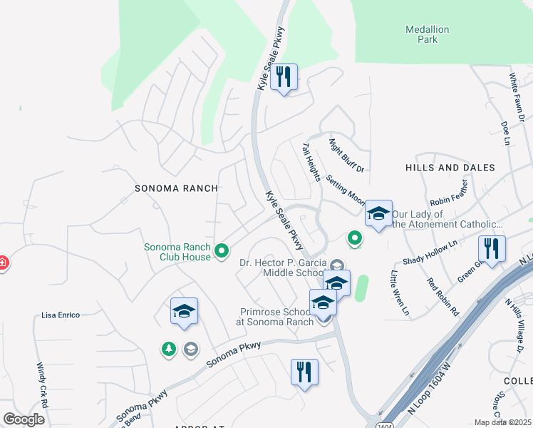 map of restaurants, bars, coffee shops, grocery stores, and more near 8506 Espanola Drive in Helotes