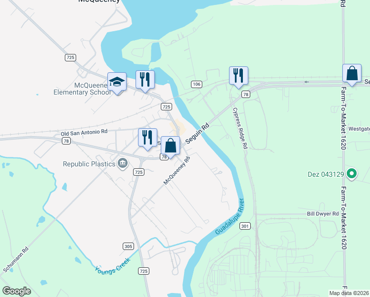 map of restaurants, bars, coffee shops, grocery stores, and more near 115 McQueeney Road in McQueeney