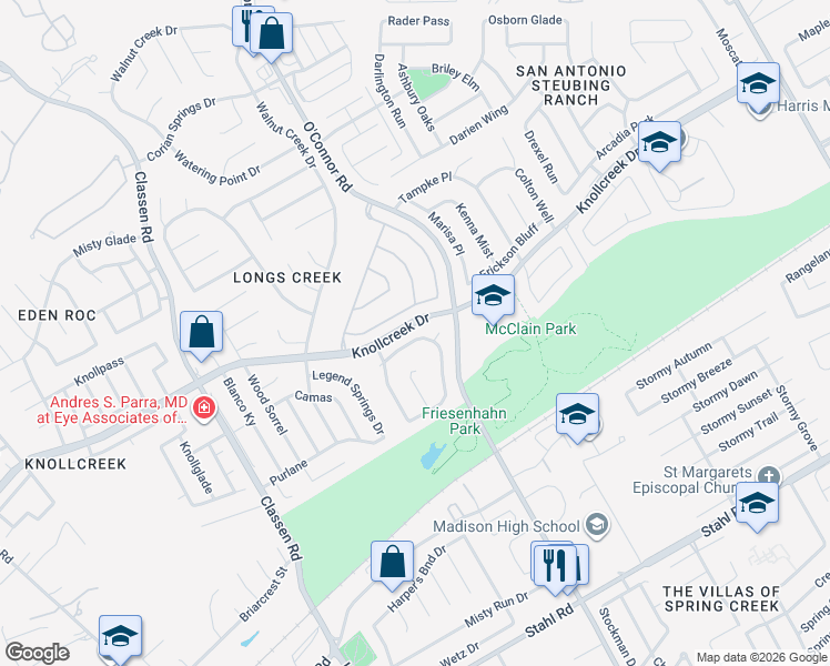 map of restaurants, bars, coffee shops, grocery stores, and more near 4933 Corian Well Drive in San Antonio