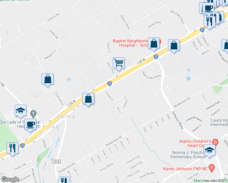 map of restaurants, bars, coffee shops, grocery stores, and more near 16550 South Interstate 35 Frontage Road in Selma