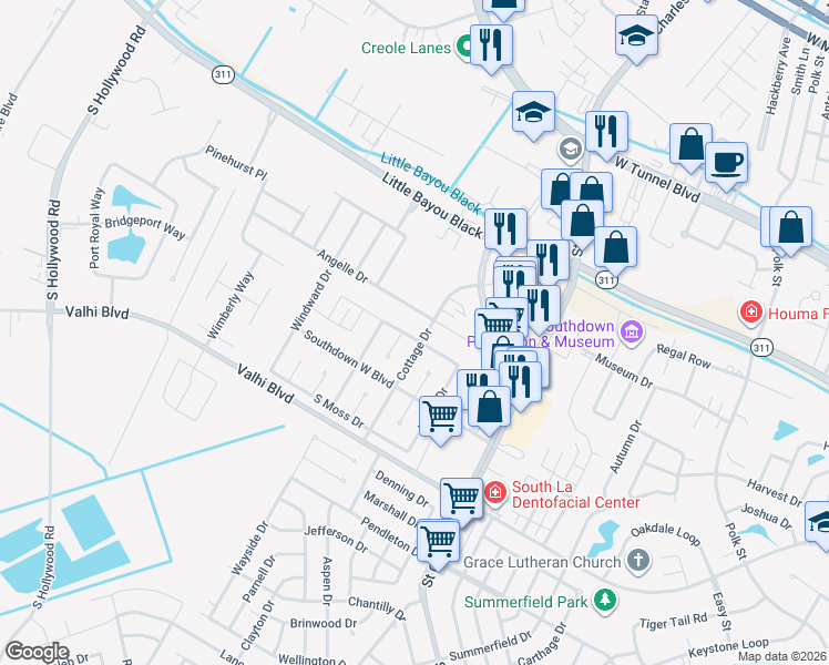 map of restaurants, bars, coffee shops, grocery stores, and more near 304 North Moss Drive in Houma
