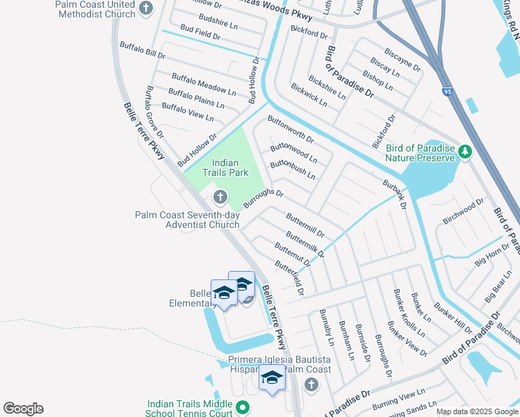 map of restaurants, bars, coffee shops, grocery stores, and more near 14 Burroughs Drive in Palm Coast