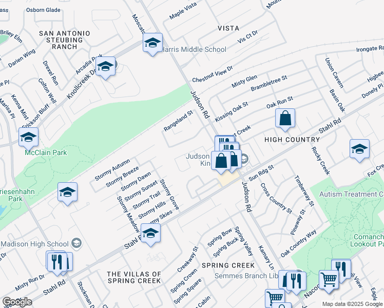 map of restaurants, bars, coffee shops, grocery stores, and more near 5531 Dashing Creek Street in San Antonio