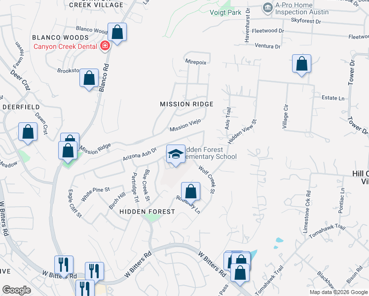 map of restaurants, bars, coffee shops, grocery stores, and more near 814 Arizona Ash Street in San Antonio