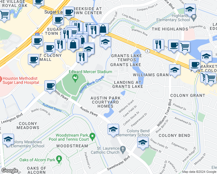 map of restaurants, bars, coffee shops, grocery stores, and more near 2910 Grants Lake Boulevard in Sugar Land
