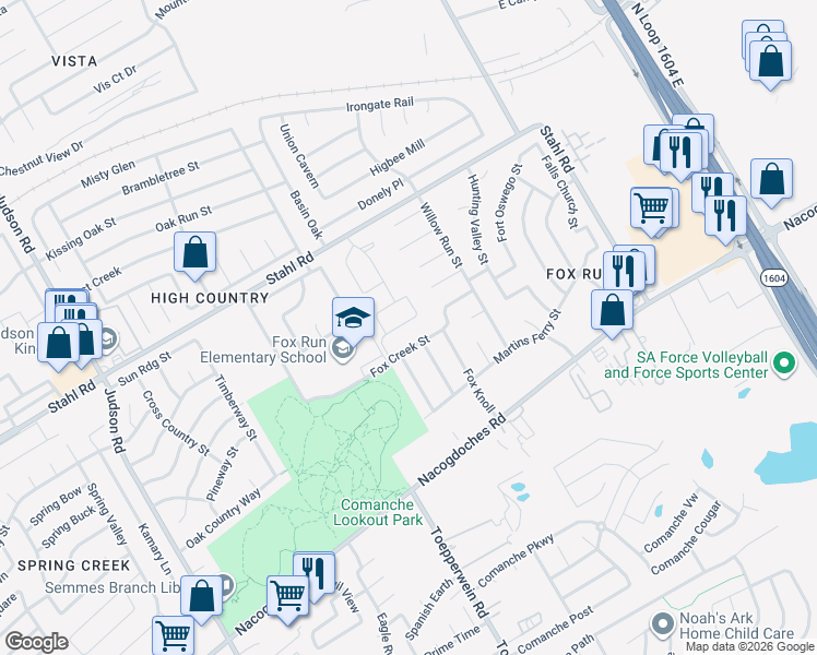 map of restaurants, bars, coffee shops, grocery stores, and more near 6226 Fox Peak Drive in San Antonio