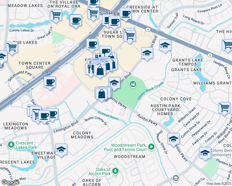 map of restaurants, bars, coffee shops, grocery stores, and more near 16431 Lexington Boulevard in Sugar Land