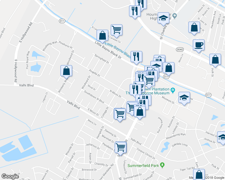 map of restaurants, bars, coffee shops, grocery stores, and more near 304 North Moss Drive in Houma