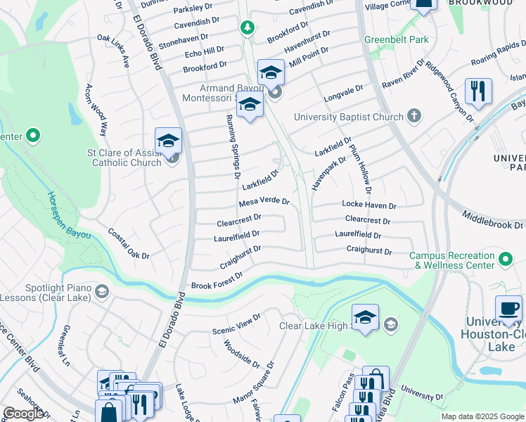 map of restaurants, bars, coffee shops, grocery stores, and more near 15923 Clearcrest Drive in Houston
