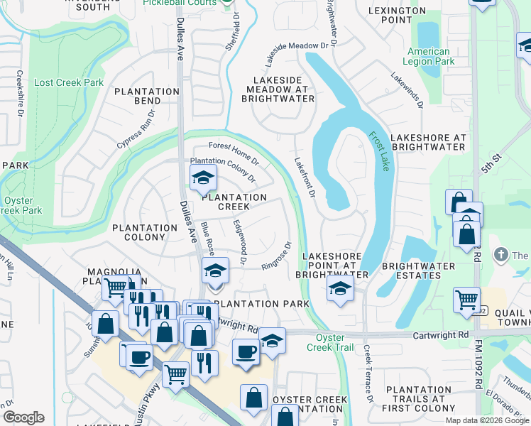 map of restaurants, bars, coffee shops, grocery stores, and more near 4414 Oak Valley Drive in Missouri City