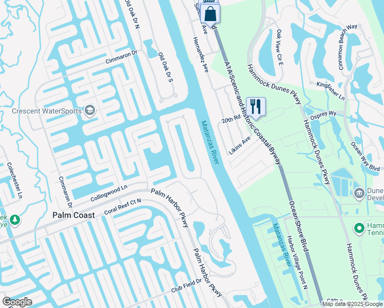 map of restaurants, bars, coffee shops, grocery stores, and more near 124 Longview Way North in Palm Coast