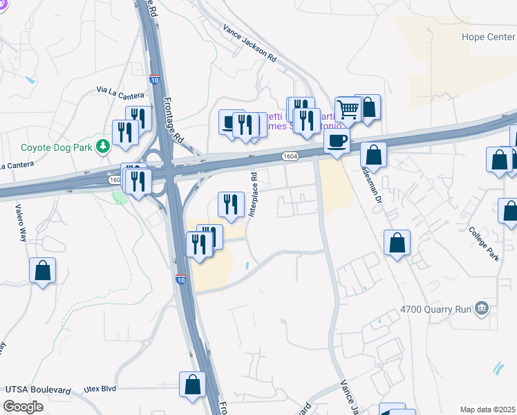 map of restaurants, bars, coffee shops, grocery stores, and more near 15506 Interplace Road in San Antonio