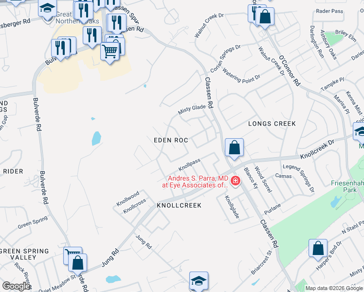 map of restaurants, bars, coffee shops, grocery stores, and more near 16618 Burning Glade in San Antonio