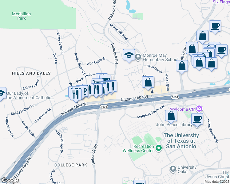 map of restaurants, bars, coffee shops, grocery stores, and more near 7257 North Loop 1604 West in San Antonio