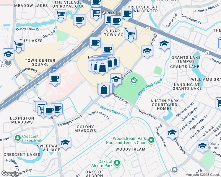 map of restaurants, bars, coffee shops, grocery stores, and more near 1801 Austin Parkway in Sugar Land
