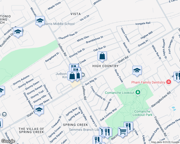 map of restaurants, bars, coffee shops, grocery stores, and more near 16315 Boulder Pass Street in San Antonio