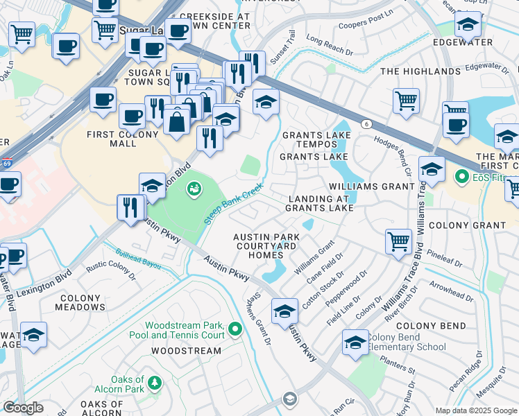 map of restaurants, bars, coffee shops, grocery stores, and more near 2910 Grants Lake Boulevard in Sugar Land