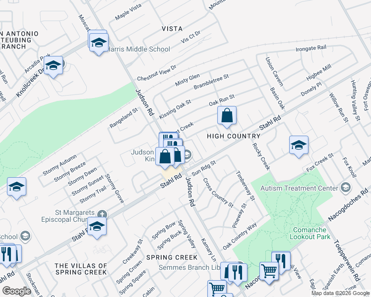 map of restaurants, bars, coffee shops, grocery stores, and more near 15302 Judson Road in San Antonio