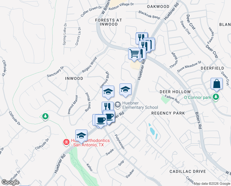 map of restaurants, bars, coffee shops, grocery stores, and more near 2526 Huebner Park in San Antonio