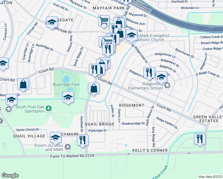 map of restaurants, bars, coffee shops, grocery stores, and more near 16302 Paiter Street in Houston