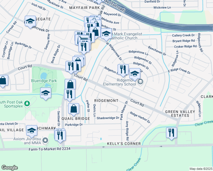 map of restaurants, bars, coffee shops, grocery stores, and more near 5142 Court Road in Houston