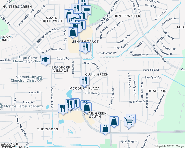 map of restaurants, bars, coffee shops, grocery stores, and more near 1527 Lazy Spring Dr in Missouri City