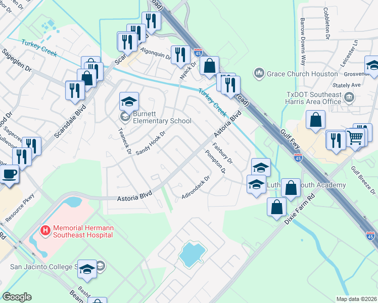 map of restaurants, bars, coffee shops, grocery stores, and more near 12018 Ryewater Drive in Houston