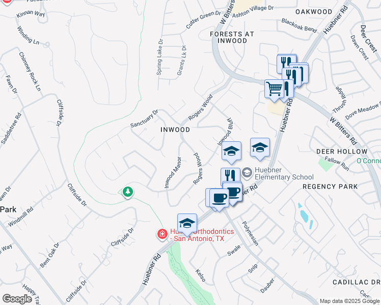 map of restaurants, bars, coffee shops, grocery stores, and more near 9 Rogers Wood in San Antonio