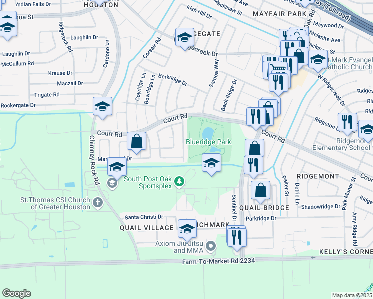 map of restaurants, bars, coffee shops, grocery stores, and more near 16370 Angel Island Lane in Houston