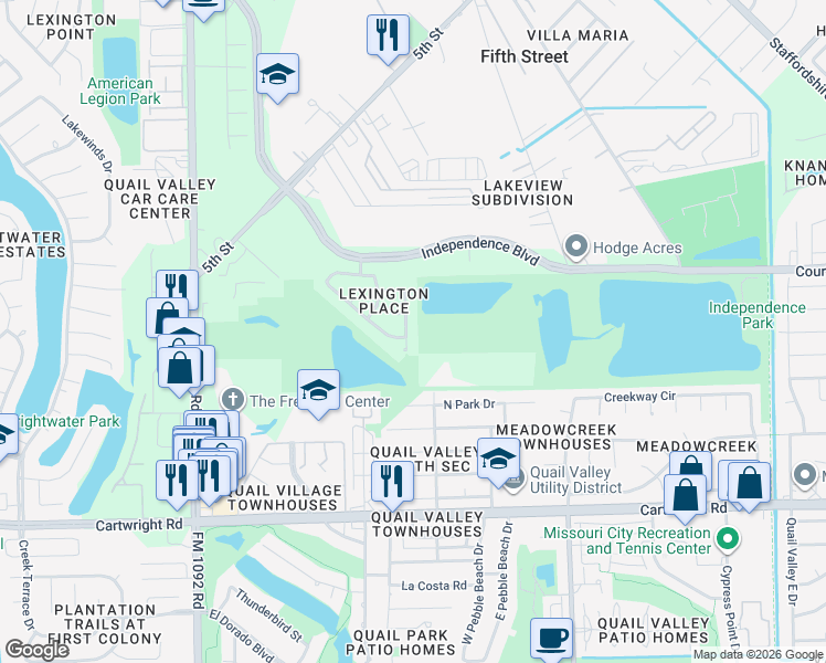 map of restaurants, bars, coffee shops, grocery stores, and more near 3002 Lexington Lake Drive in Missouri City