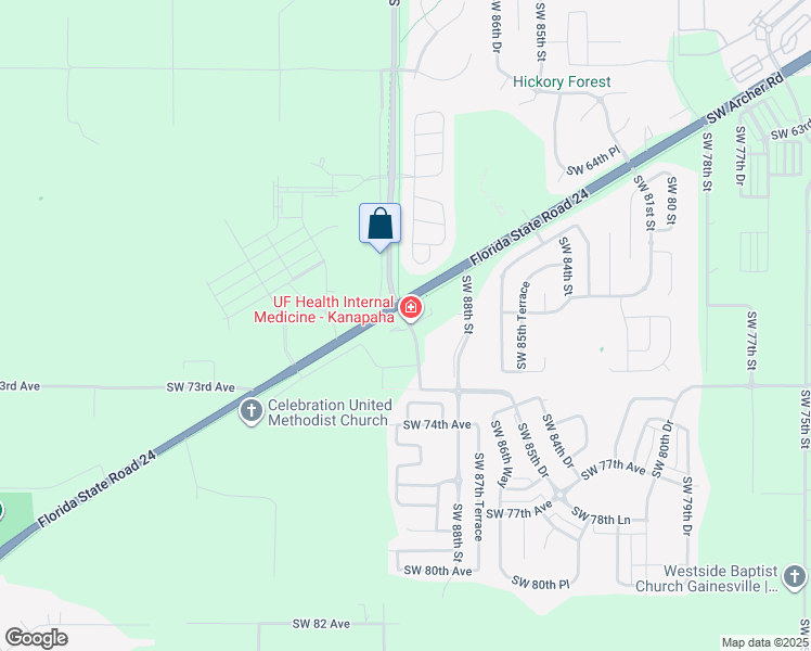 map of restaurants, bars, coffee shops, grocery stores, and more near 8905 Southwest Archer Road in Gainesville