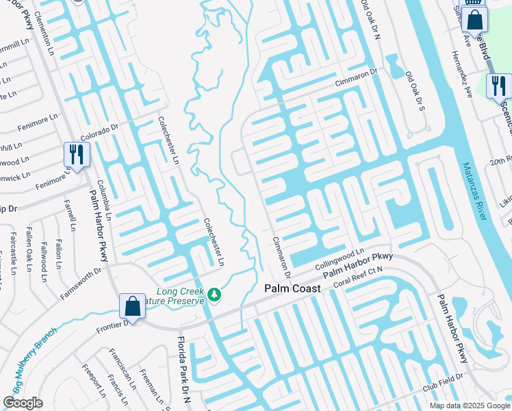 map of restaurants, bars, coffee shops, grocery stores, and more near 33 Cimmaron Drive in Palm Coast