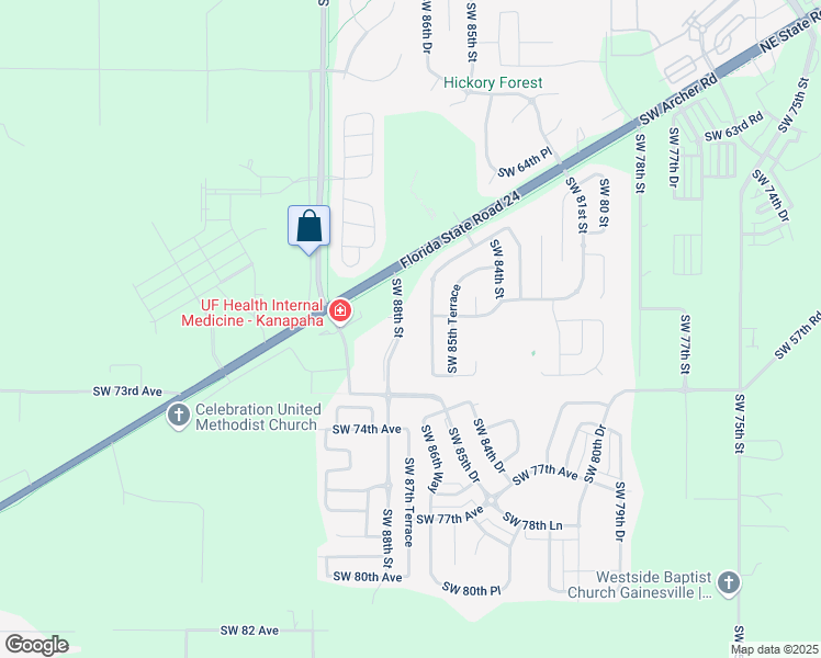 map of restaurants, bars, coffee shops, grocery stores, and more near 8717 Southwest Archer Road in Gainesville