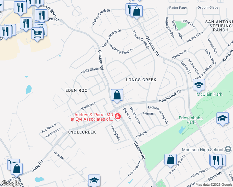 map of restaurants, bars, coffee shops, grocery stores, and more near 15731 Wood Sorrel in San Antonio