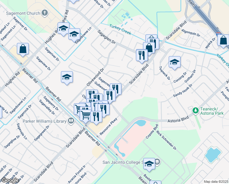 map of restaurants, bars, coffee shops, grocery stores, and more near 11642 Sagecreek Drive in Houston