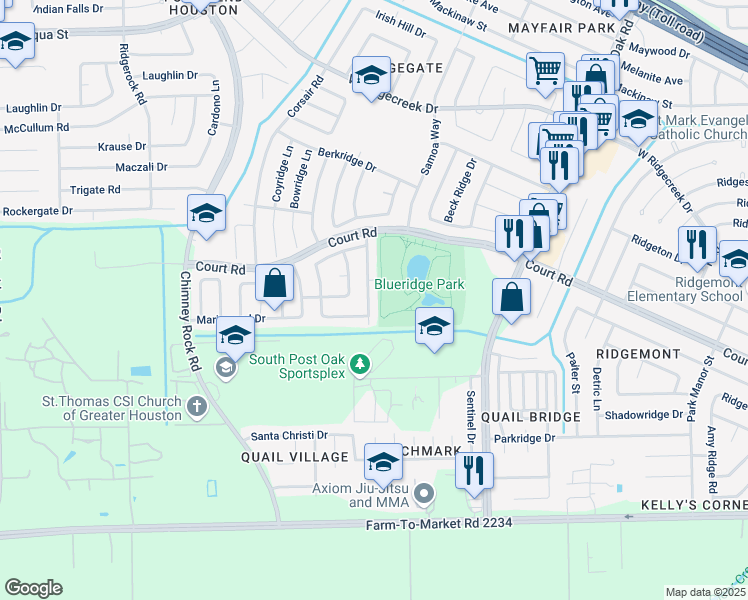map of restaurants, bars, coffee shops, grocery stores, and more near 16370 Angel Island Lane in Houston