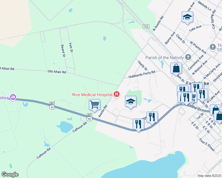 map of restaurants, bars, coffee shops, grocery stores, and more near 545 Austin Road in Eagle Lake