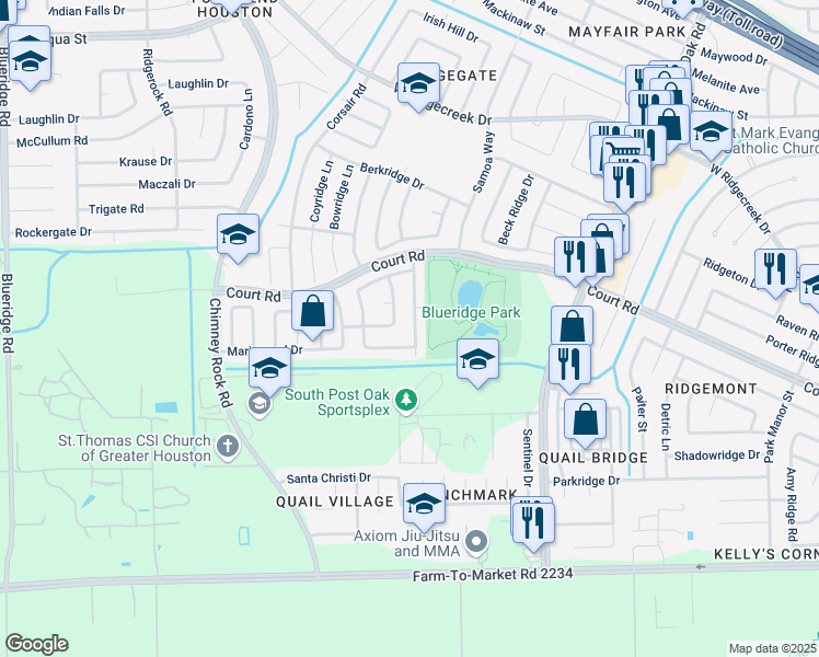 map of restaurants, bars, coffee shops, grocery stores, and more near 16370 Angel Island Lane in Houston