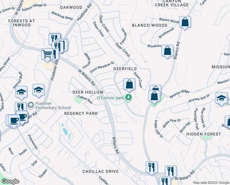map of restaurants, bars, coffee shops, grocery stores, and more near 1726 Eagle Point in San Antonio