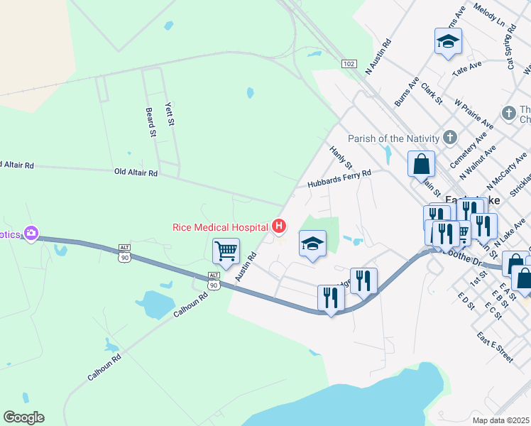 map of restaurants, bars, coffee shops, grocery stores, and more near 545 Austin Road in Eagle Lake