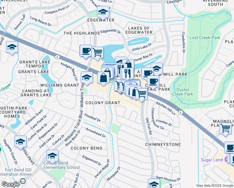 map of restaurants, bars, coffee shops, grocery stores, and more near 2902 Jenny Dr in Sugar Land