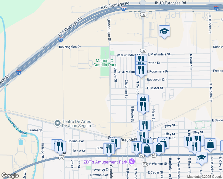 map of restaurants, bars, coffee shops, grocery stores, and more near 1917 North Guadalupe Street in Seguin