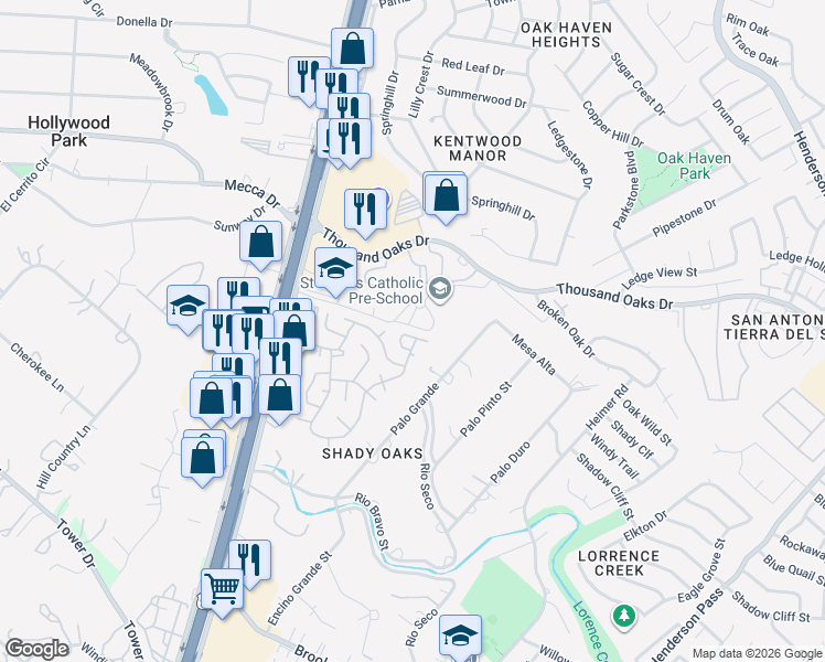 map of restaurants, bars, coffee shops, grocery stores, and more near 105 Pvt Road in San Antonio