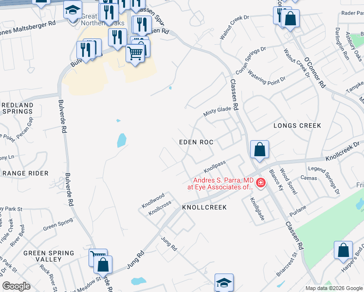 map of restaurants, bars, coffee shops, grocery stores, and more near 16718 Crystal Glade in San Antonio