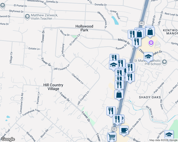 map of restaurants, bars, coffee shops, grocery stores, and more near 214 Hill Country Lane in San Antonio