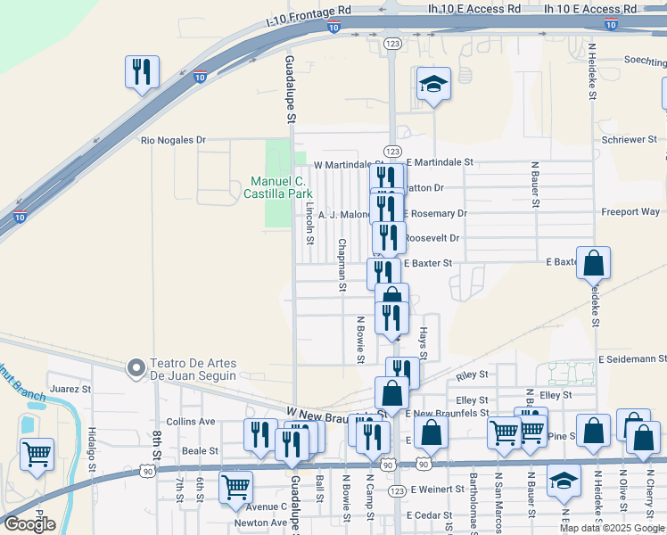 map of restaurants, bars, coffee shops, grocery stores, and more near 311 West Baxter Street in Seguin