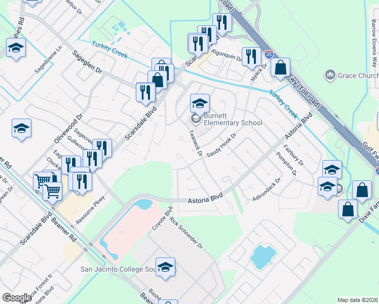 map of restaurants, bars, coffee shops, grocery stores, and more near 12402 Gotham Drive in Houston