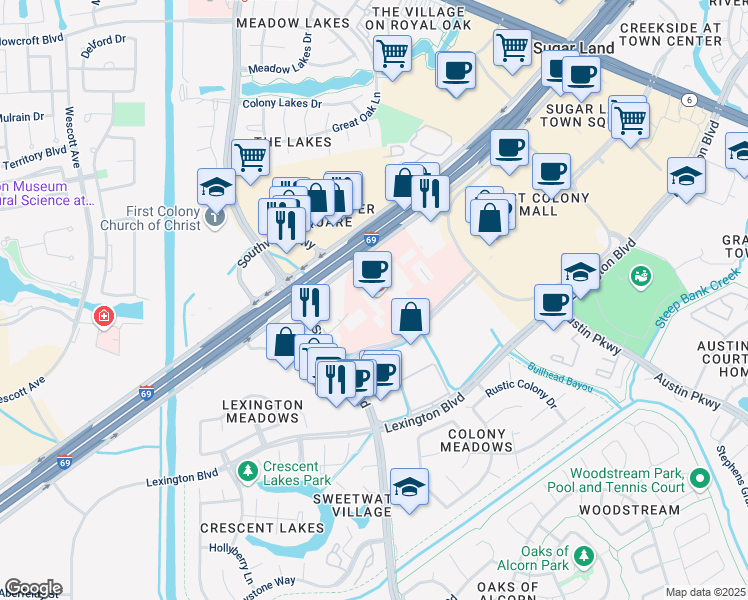 map of restaurants, bars, coffee shops, grocery stores, and more near 16655 Southwest Freeway in Sugar Land